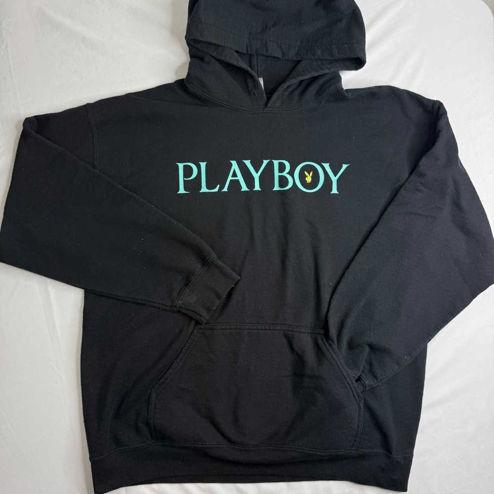 Playboy Hoodie Mens Large‎ Black Teal Graphic Logo Pullover Sweatshirt Gildan